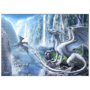 Darstellung des Puzzle Motivs puzzleplate Waterfall dragons -Anthony Christou 500 Puzzle
