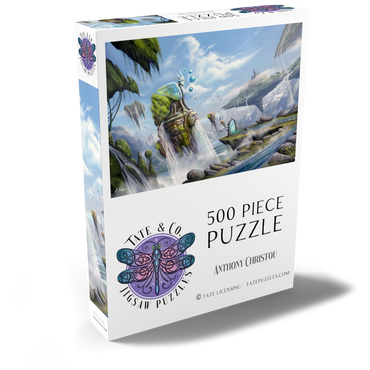 Darstellung des Puzzle Motivs –Waterfalls Dreamscape Argolida Surreal Landscape -Anthony Christou 500 Puzzle Schachtel Ansicht2