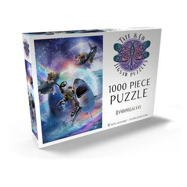 Darstellung des Puzzle Motivs Space Cat Riding Shark, Galaxy Cats Sharks - Random Galaxy 1000 Puzzle Schachtel Ansicht2
