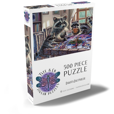 Darstellung des Puzzle Motivs Raccoon family Time - Dakota Daetwiler 500 Puzzle Schachtel Ansicht2