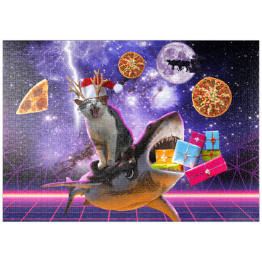 Darstellung des Puzzle Motivs puzzleplate Christmas Cat Riding Shark in Space - Random Galaxy 1000 Puzzle
