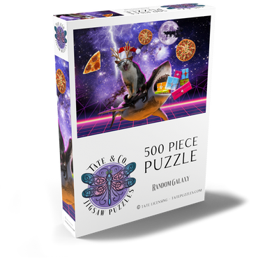 Darstellung des Puzzle Motivs Christmas Cat Riding Shark in Space - Random Galaxy 500 Puzzle Schachtel Ansicht2
