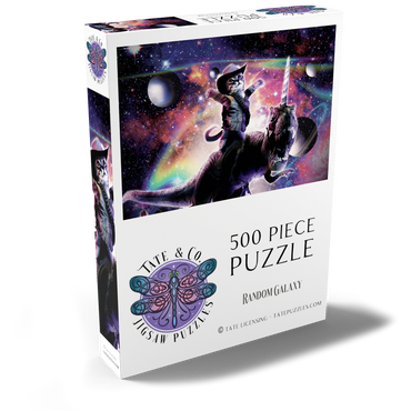 Darstellung des Puzzle Motivs Cowboy Cat with Dinosaur in Galaxy - Random Galaxy 500 Puzzle Schachtel Ansicht2