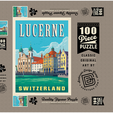 Darstellung des Puzzle Motivs Lucerne Switzerland Waterfront with Historic Architecture 100 Puzzle Schachtel 3D Modell