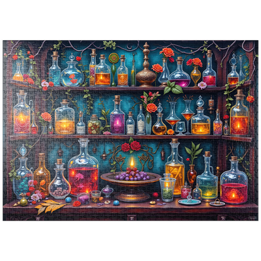 Darstellung des Puzzle Motivs puzzleplate Enchanted Apothecary Shelf Glowing Potions 1000 Puzzle