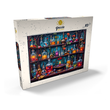 Darstellung des Puzzle Motivs Enchanted Apothecary Shelf Glowing Potions 100 Puzzle Schachtel Ansicht2