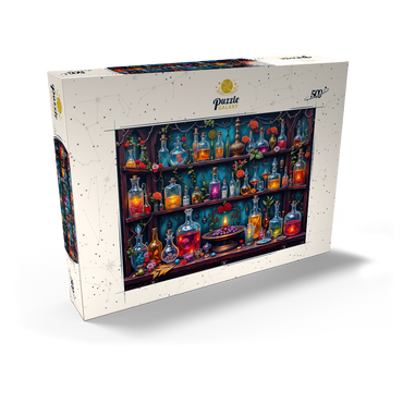 Darstellung des Puzzle Motivs Enchanted Apothecary Shelf Glowing Potions 500 Puzzle Schachtel Ansicht2