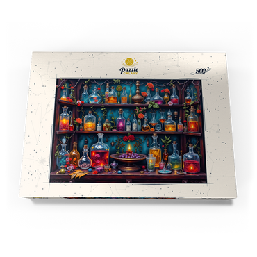 Darstellung des Puzzle Motivs Enchanted Apothecary Shelf Glowing Potions 500 Puzzle Schachtel Ansicht3