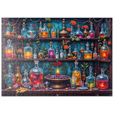 Darstellung des Puzzle Motivs puzzleplate Enchanted Apothecary Shelf Glowing Potions 500 Puzzle