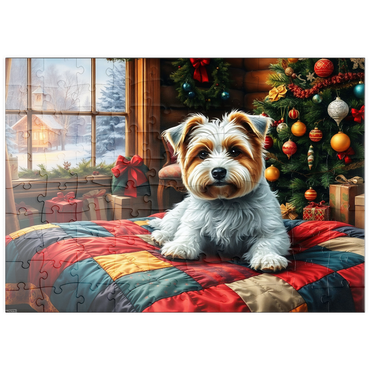 Darstellung des Puzzle Motivs puzzleplate Cozy Christmas Cabin Puppy Portrait 100 Puzzle
