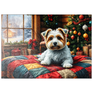 Darstellung des Puzzle Motivs puzzleplate Cozy Christmas Cabin Puppy Portrait 200 Puzzle