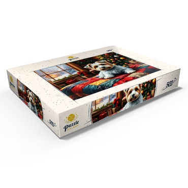 Darstellung des Puzzle Motivs Cozy Christmas Cabin Puppy Portrait 500 Puzzle Schachtel Ansicht1