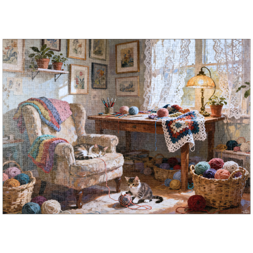 Darstellung des Puzzle Motivs puzzleplate Sunlit Knitting Room Cats by Window 1000 Puzzle