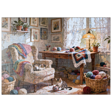 Darstellung des Puzzle Motivs puzzleplate Sunlit Knitting Room Cats by Window 100 Puzzle