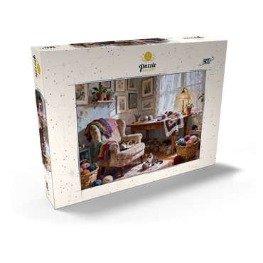 Darstellung des Puzzle Motivs Sunlit Knitting Room Cats by Window 500 Puzzle Schachtel Ansicht2