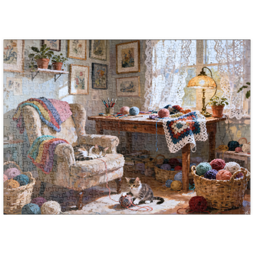 Darstellung des Puzzle Motivs puzzleplate Sunlit Knitting Room Cats by Window 500 Puzzle