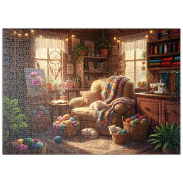 Darstellung des Puzzle Motivs puzzleplate Cozy Craft Room Cats and Yarn 500 Puzzle