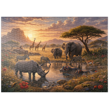 Darstellung des Puzzle Motivs puzzleplate African Savanna Waterhole Sunset Wildlife 1000 Puzzle