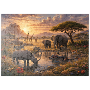Darstellung des Puzzle Motivs puzzleplate African Savanna Waterhole Sunset Wildlife 200 Puzzle