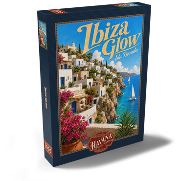 Darstellung des Puzzle Motivs Ibiza Coastal Village Golden Glow 1000 Puzzle Schachtel Ansicht2