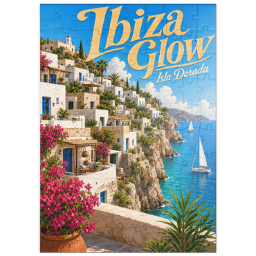 Darstellung des Puzzle Motivs puzzleplate Ibiza Coastal Village Golden Glow 100 Puzzle
