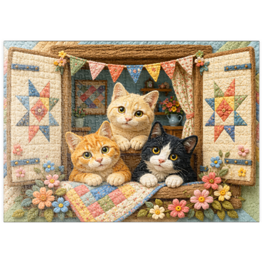 Darstellung des Puzzle Motivs puzzleplate Cozy Quilt Window Cats 500 Puzzle