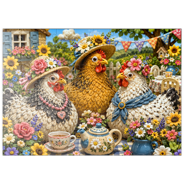 Darstellung des Puzzle Motivs puzzleplate Clay Garden Hen Tea Party 100 Puzzle