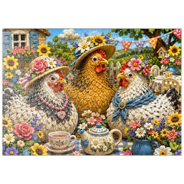 Darstellung des Puzzle Motivs puzzleplate Clay Garden Hen Tea Party 500 Puzzle