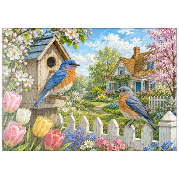 Darstellung des Puzzle Motivs puzzleplate Bluebird Spring Cottage Garden 100 Puzzle