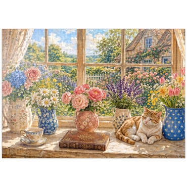 Darstellung des Puzzle Motivs puzzleplate Cottage Window Bouquet Garden Charm 1000 Puzzle