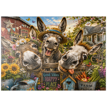 Darstellung des Puzzle Motivs puzzleplate Three Silly Donkeys Farm Charm 1000 Puzzle