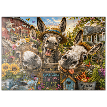 Darstellung des Puzzle Motivs puzzleplate Three Silly Donkeys Farm Charm 100 Puzzle