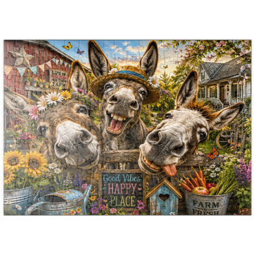 Darstellung des Puzzle Motivs puzzleplate Three Silly Donkeys Farm Charm 200 Puzzle