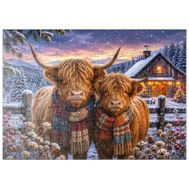 Darstellung des Puzzle Motivs puzzleplate Highland Cows Winter Scarves 100 Puzzle