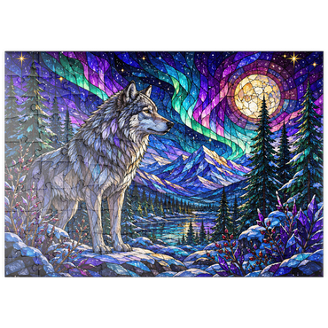 Darstellung des Puzzle Motivs puzzleplate Stained Glass Wolf Aurora Forest 100 Puzzle