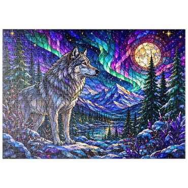 Darstellung des Puzzle Motivs puzzleplate Stained Glass Wolf Aurora Forest 500 Puzzle