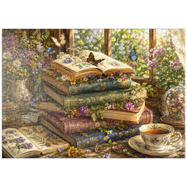 Darstellung des Puzzle Motivs puzzleplate Vintage Wildflower Book Stack 1000 Puzzle