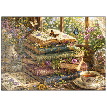 Darstellung des Puzzle Motivs puzzleplate Vintage Wildflower Book Stack 500 Puzzle