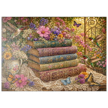 Darstellung des Puzzle Motivs puzzleplate Wildflower Book Stack with Hummingbirds 200 Puzzle