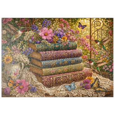 Darstellung des Puzzle Motivs puzzleplate Wildflower Book Stack with Hummingbirds 500 Puzzle