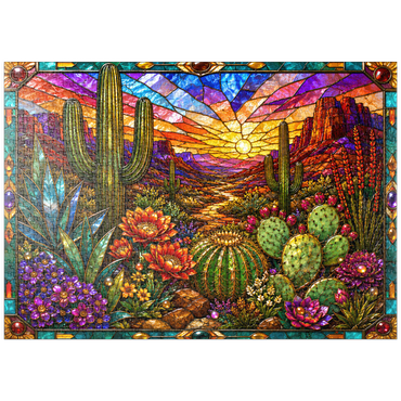 Darstellung des Puzzle Motivs puzzleplate Stained Glass Cactus Desert Bloom 1000 Puzzle