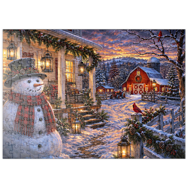 Darstellung des Puzzle Motivs puzzleplate Snowman Farmhouse Lantern Night 200 Puzzle