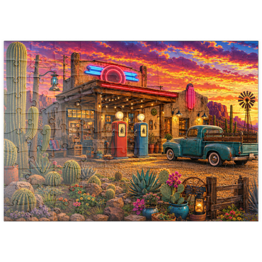 Darstellung des Puzzle Motivs puzzleplate Old Filling Station Cactus Garden 100 Puzzle