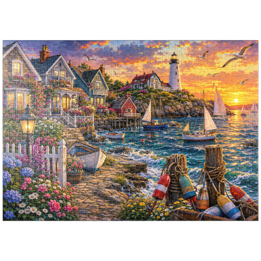 Darstellung des Puzzle Motivs puzzleplate New England Lighthouse Flower Harbor 1000 Puzzle