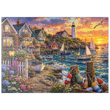 Darstellung des Puzzle Motivs puzzleplate New England Lighthouse Flower Harbor 500 Puzzle