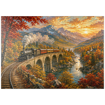 Darstellung des Puzzle Motivs puzzleplate Mountain Train Through Autumn Valley 1000 Puzzle
