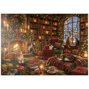 Darstellung des Puzzle Motivs puzzleplate Cozy Christmas Bookshop Cats 1000 Puzzle