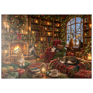 Darstellung des Puzzle Motivs puzzleplate Cozy Christmas Bookshop Cats 100 Puzzle