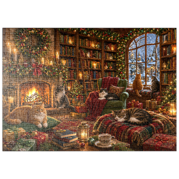 Darstellung des Puzzle Motivs puzzleplate Cozy Christmas Bookshop Cats 500 Puzzle