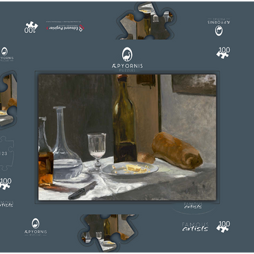 Darstellung des Puzzle Motivs Still Life with Bottle, Carafe, Bread, and Wine (1862 –1863) by Claude Monet 100 Puzzle Schachtel 3D Modell